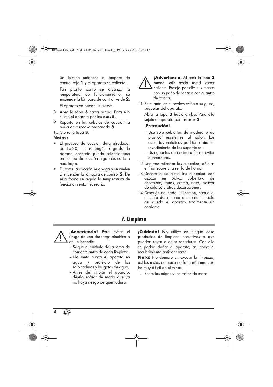 Limpieza | Silvercrest SCCM 800 A1 User Manual | Page 10 / 78