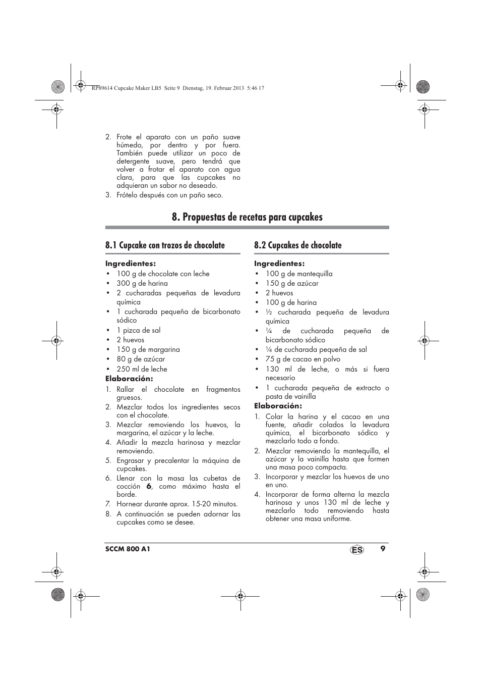 Propuestas de recetas para cupcakes, 1 cupcake con trozos de chocolate, 2 cupcakes de chocolate | Silvercrest SCCM 800 A1 User Manual | Page 11 / 78