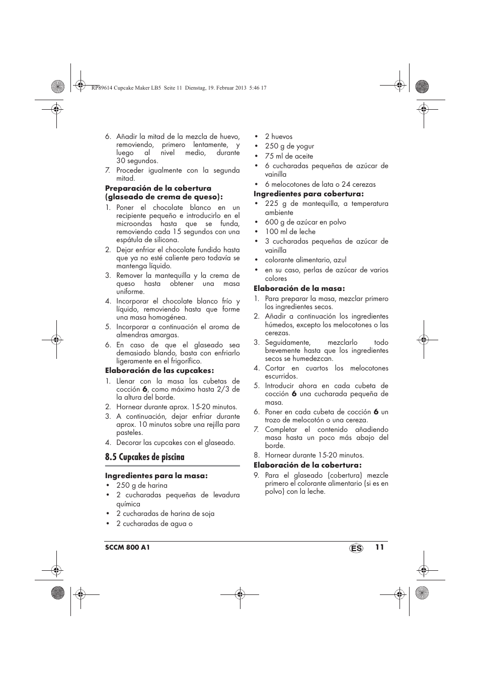 5 cupcakes de piscina | Silvercrest SCCM 800 A1 User Manual | Page 13 / 78