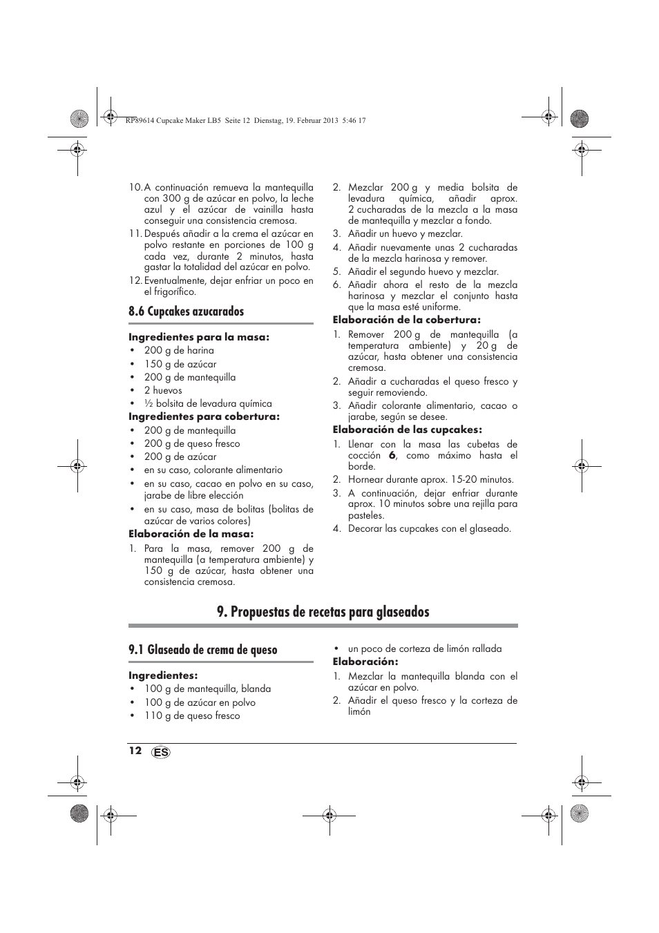 Propuestas de recetas para glaseados, 6 cupcakes azucarados, 1 glaseado de crema de queso | Silvercrest SCCM 800 A1 User Manual | Page 14 / 78