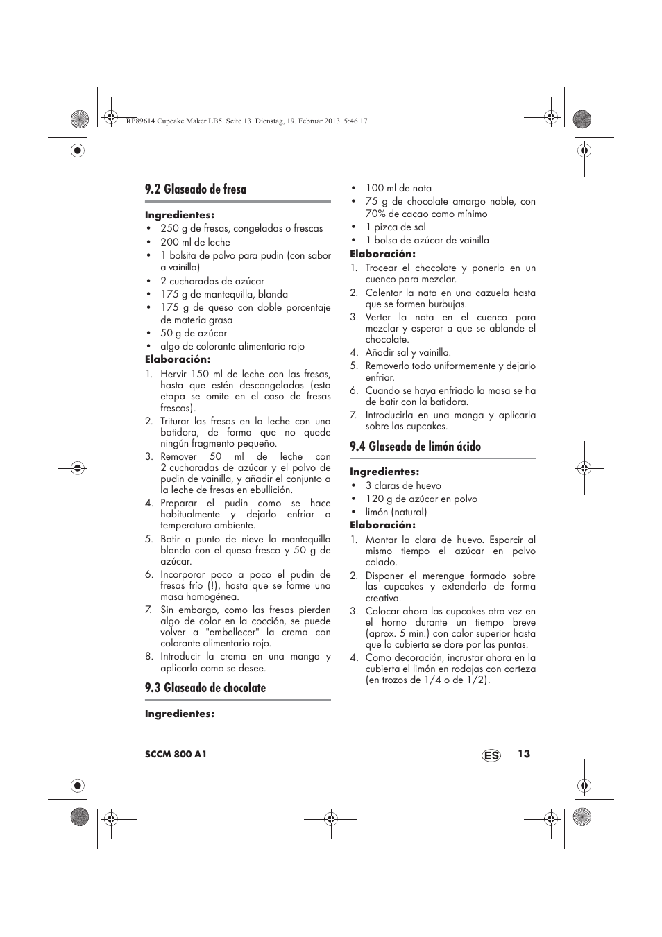 2 glaseado de fresa, 3 glaseado de chocolate, 4 glaseado de limón ácido | Silvercrest SCCM 800 A1 User Manual | Page 15 / 78