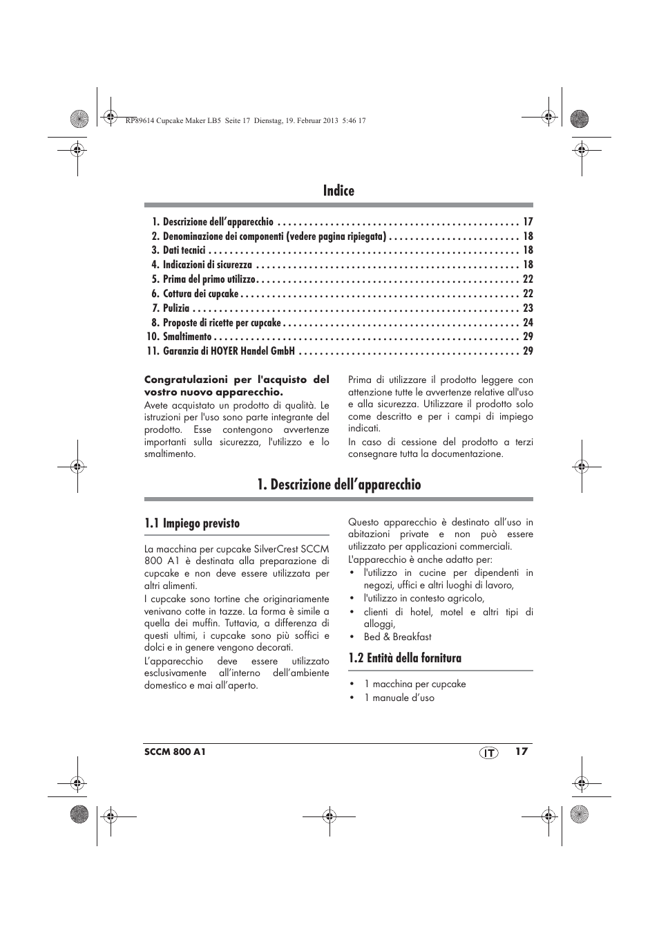 Indice, Descrizione dell’apparecchio | Silvercrest SCCM 800 A1 User Manual | Page 19 / 78