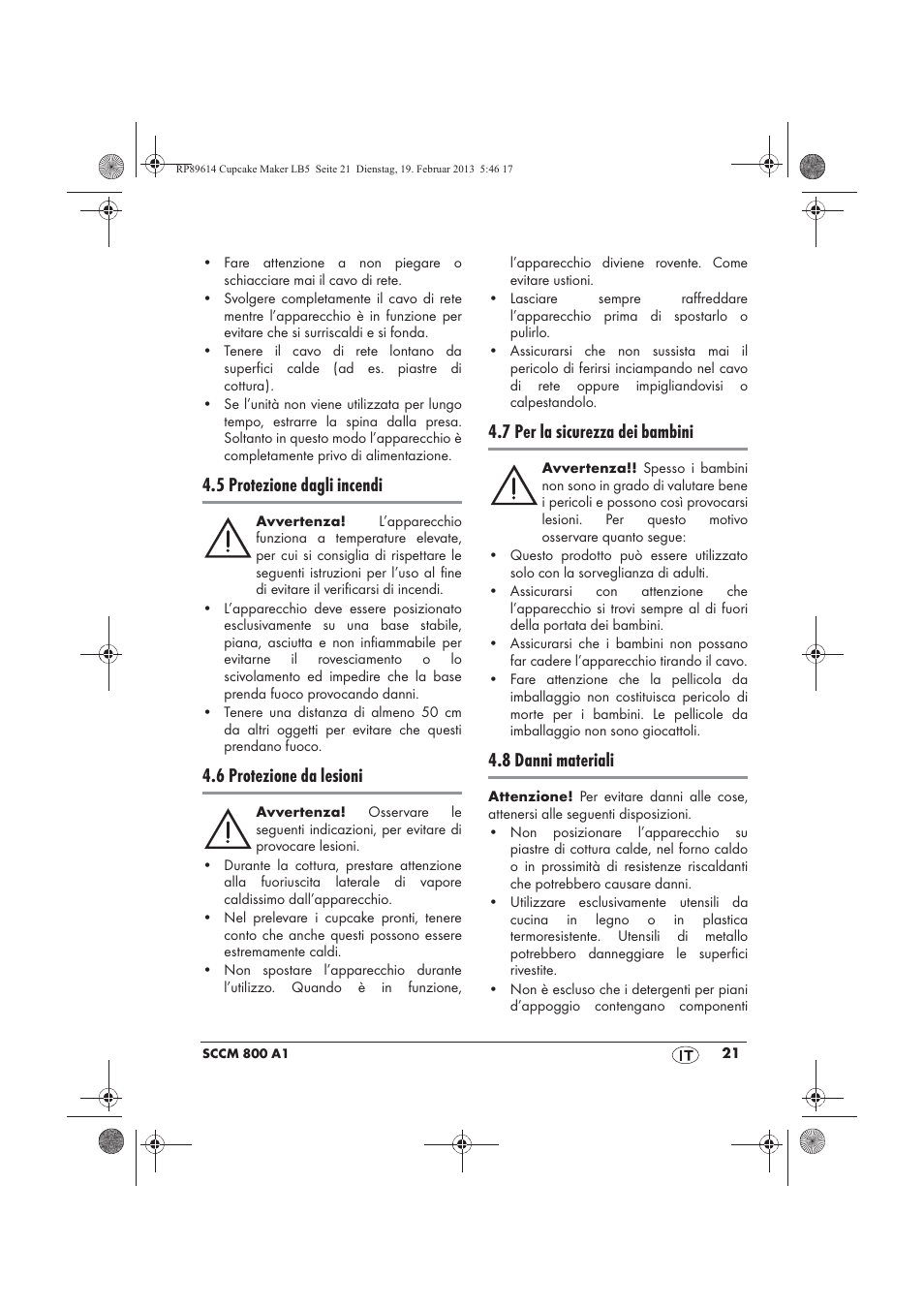 5 protezione dagli incendi, 6 protezione da lesioni, 7 per la sicurezza dei bambini | 8 danni materiali | Silvercrest SCCM 800 A1 User Manual | Page 23 / 78