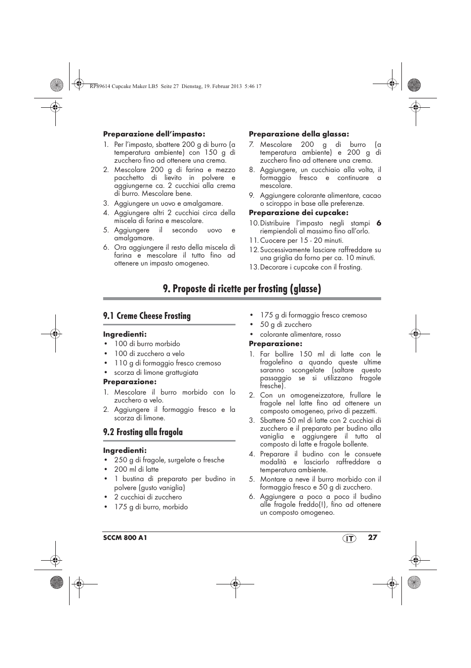 Proposte di ricette per frosting (glasse), 1 creme cheese frosting, 2 frosting alla fragola | Silvercrest SCCM 800 A1 User Manual | Page 29 / 78