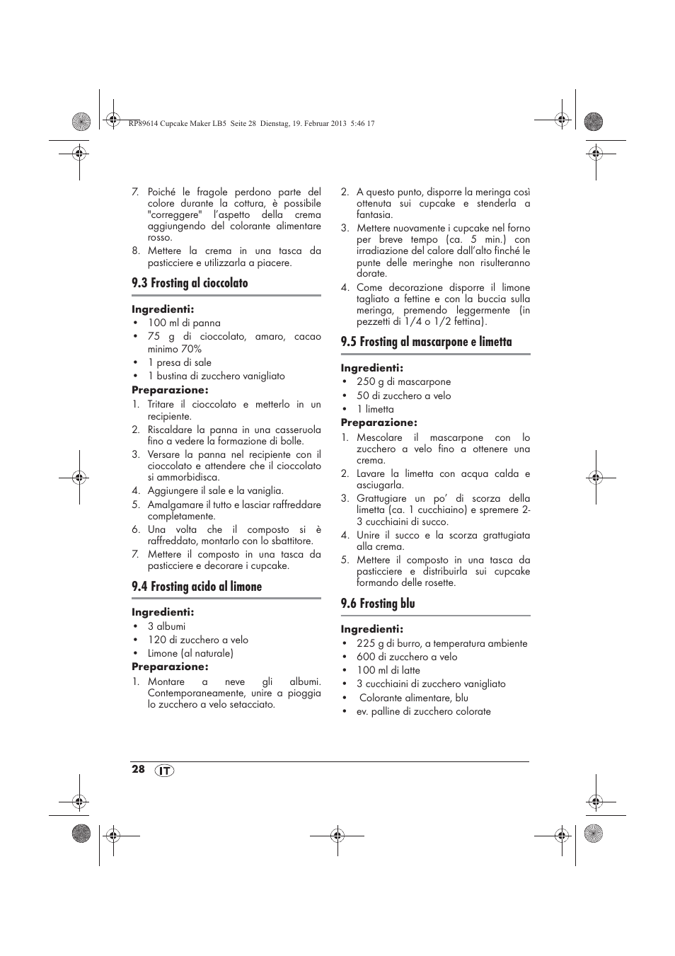 3 frosting al cioccolato, 4 frosting acido al limone, 5 frosting al mascarpone e limetta | 6 frosting blu | Silvercrest SCCM 800 A1 User Manual | Page 30 / 78