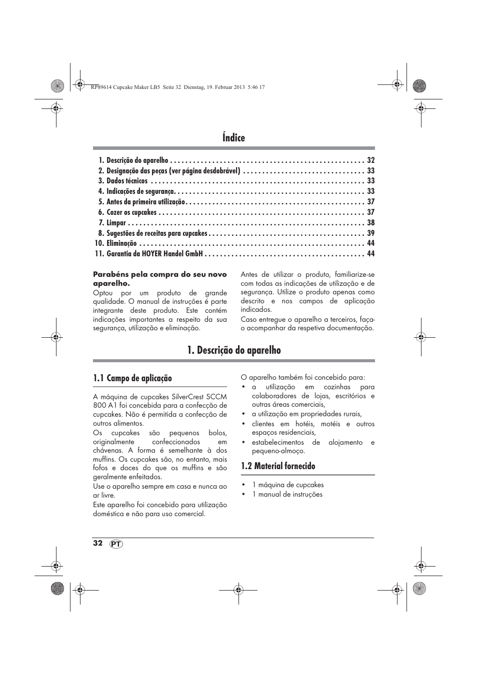 Índice, Descrição do aparelho | Silvercrest SCCM 800 A1 User Manual | Page 34 / 78