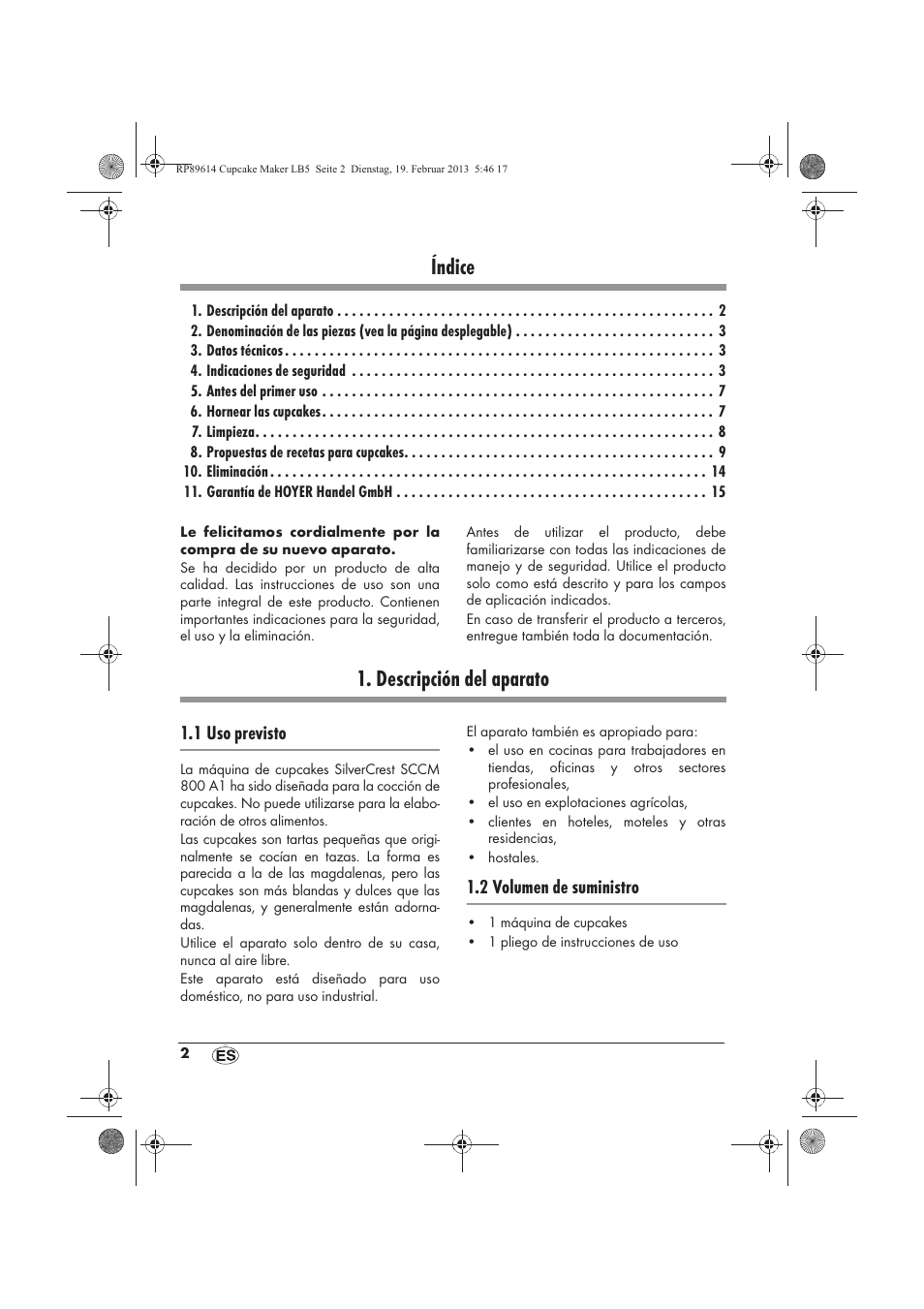 Índice, Descripción del aparato | Silvercrest SCCM 800 A1 User Manual | Page 4 / 78