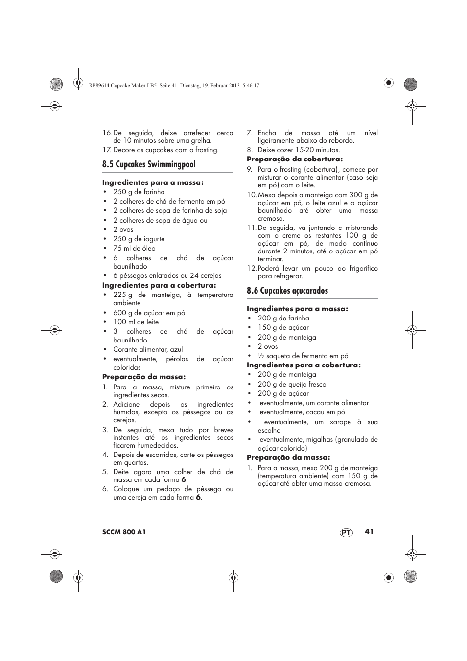 5 cupcakes swimmingpool, 6 cupcakes açucarados | Silvercrest SCCM 800 A1 User Manual | Page 43 / 78