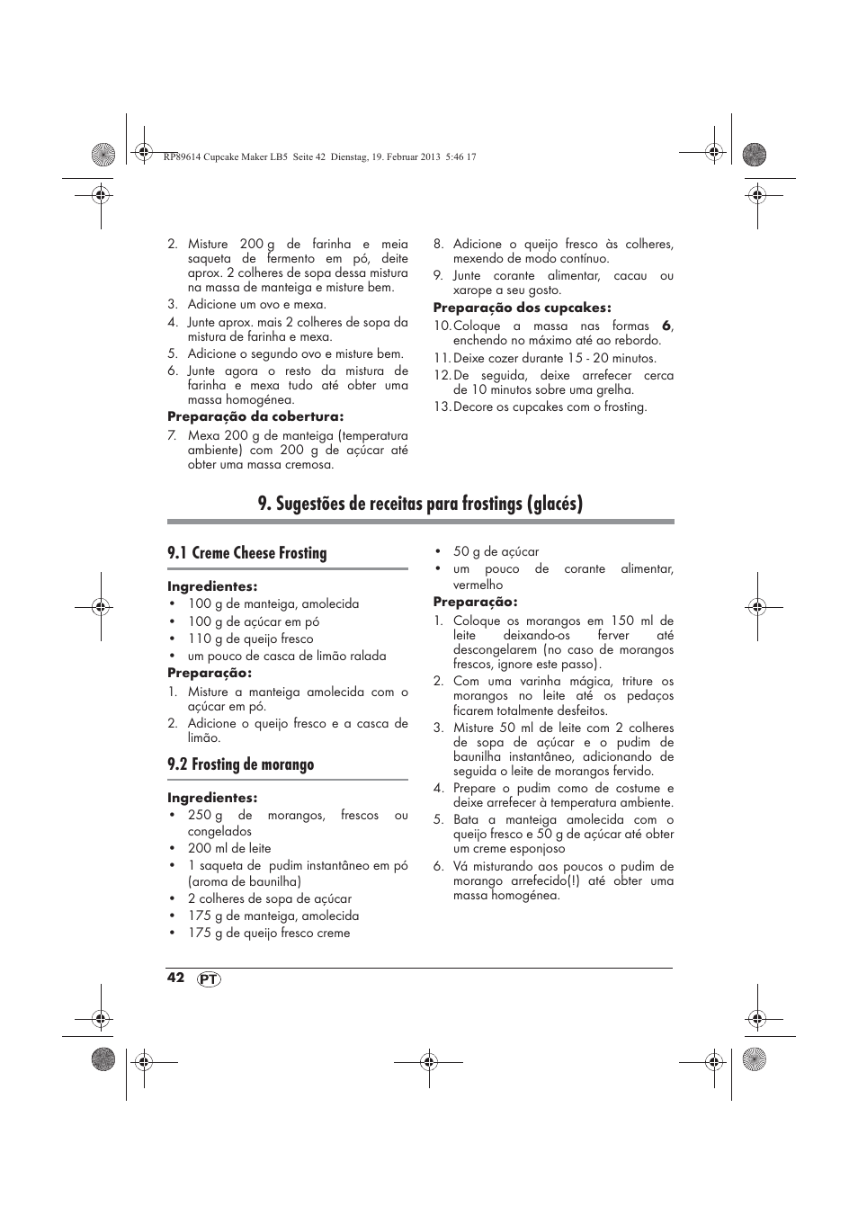 Sugestões de receitas para frostings (glacés), 1 creme cheese frosting, 2 frosting de morango | Silvercrest SCCM 800 A1 User Manual | Page 44 / 78