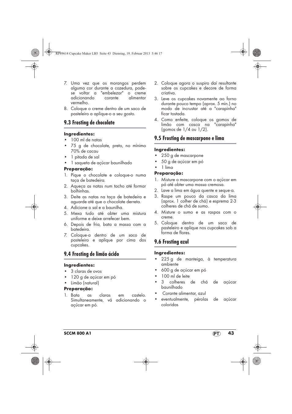 3 frosting de chocolate, 4 frosting de limão ácido, 5 frosting de mascarpone e lima | 6 frosting azul | Silvercrest SCCM 800 A1 User Manual | Page 45 / 78