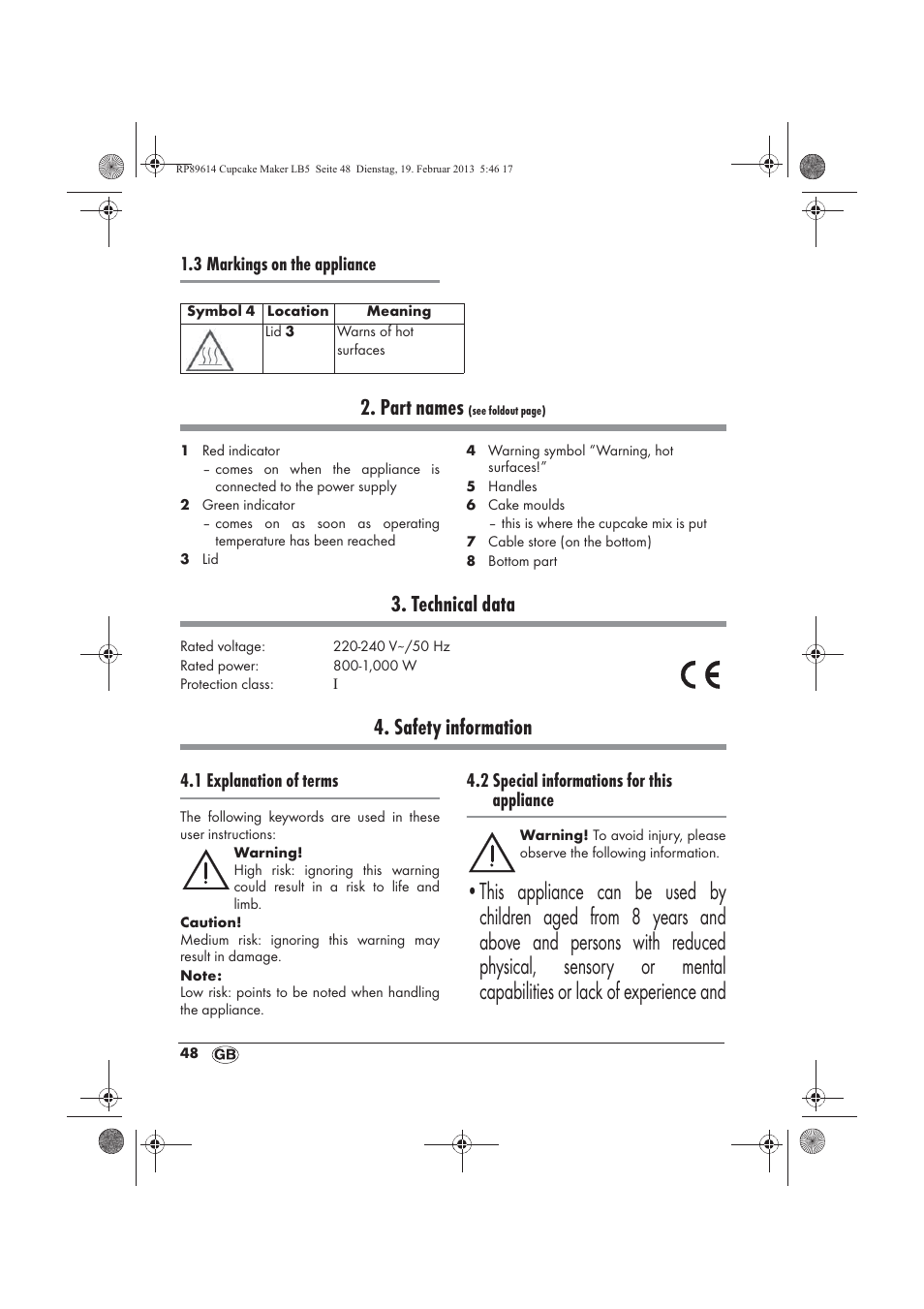 Part names, Technical data, Safety information | 3 markings on the appliance, 1 explanation of terms, 2 special informations for this appliance | Silvercrest SCCM 800 A1 User Manual | Page 50 / 78