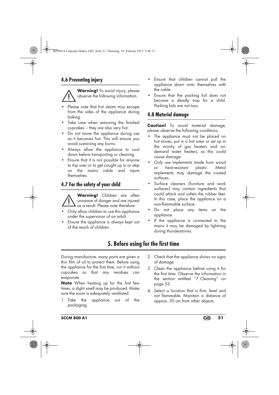 Before using for the first time, 6 preventing injury, 7 for the safety of your child | 8 material damage | Silvercrest SCCM 800 A1 User Manual | Page 53 / 78