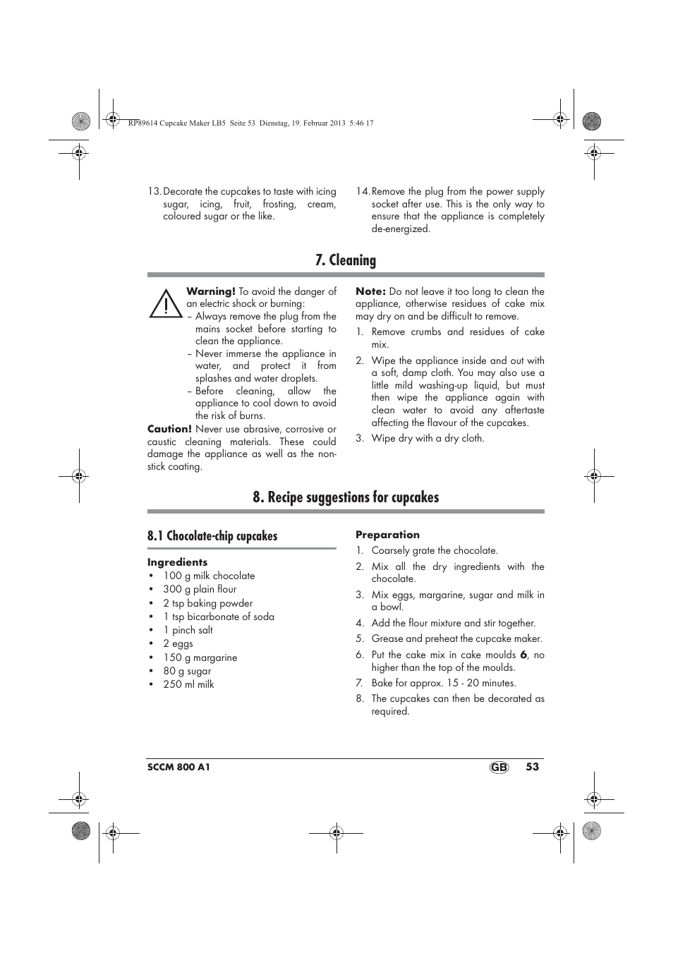 Cleaning, Recipe suggestions for cupcakes, 1 chocolate-chip cupcakes | Silvercrest SCCM 800 A1 User Manual | Page 55 / 78