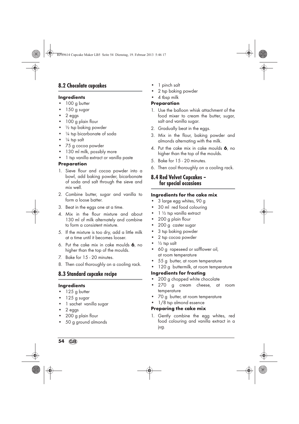 2 chocolate cupcakes, 3 standard cupcake recipe, 4 red velvet cupcakes – for special occasions | Silvercrest SCCM 800 A1 User Manual | Page 56 / 78