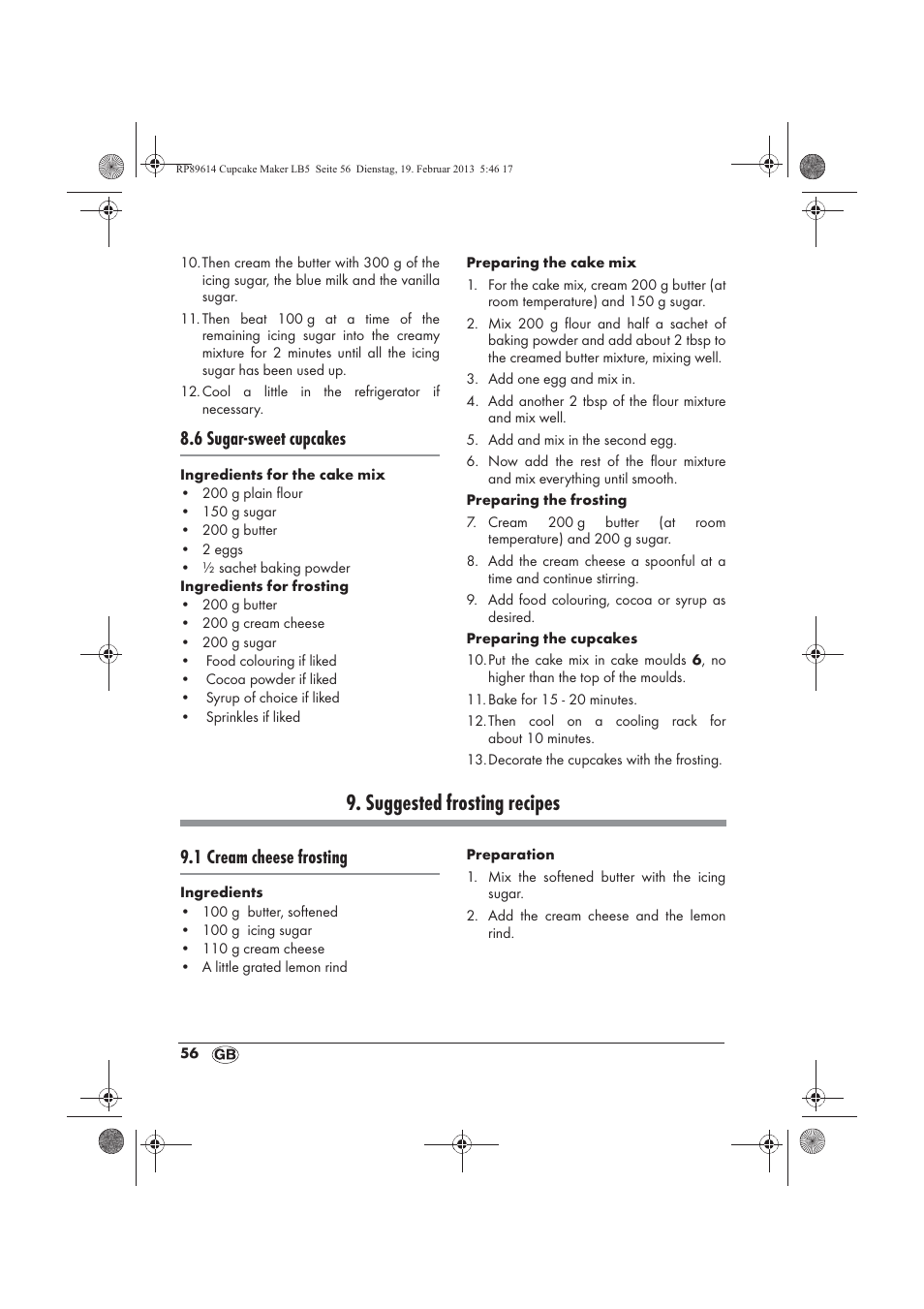 Suggested frosting recipes, 6 sugar-sweet cupcakes, 1 cream cheese frosting | Silvercrest SCCM 800 A1 User Manual | Page 58 / 78