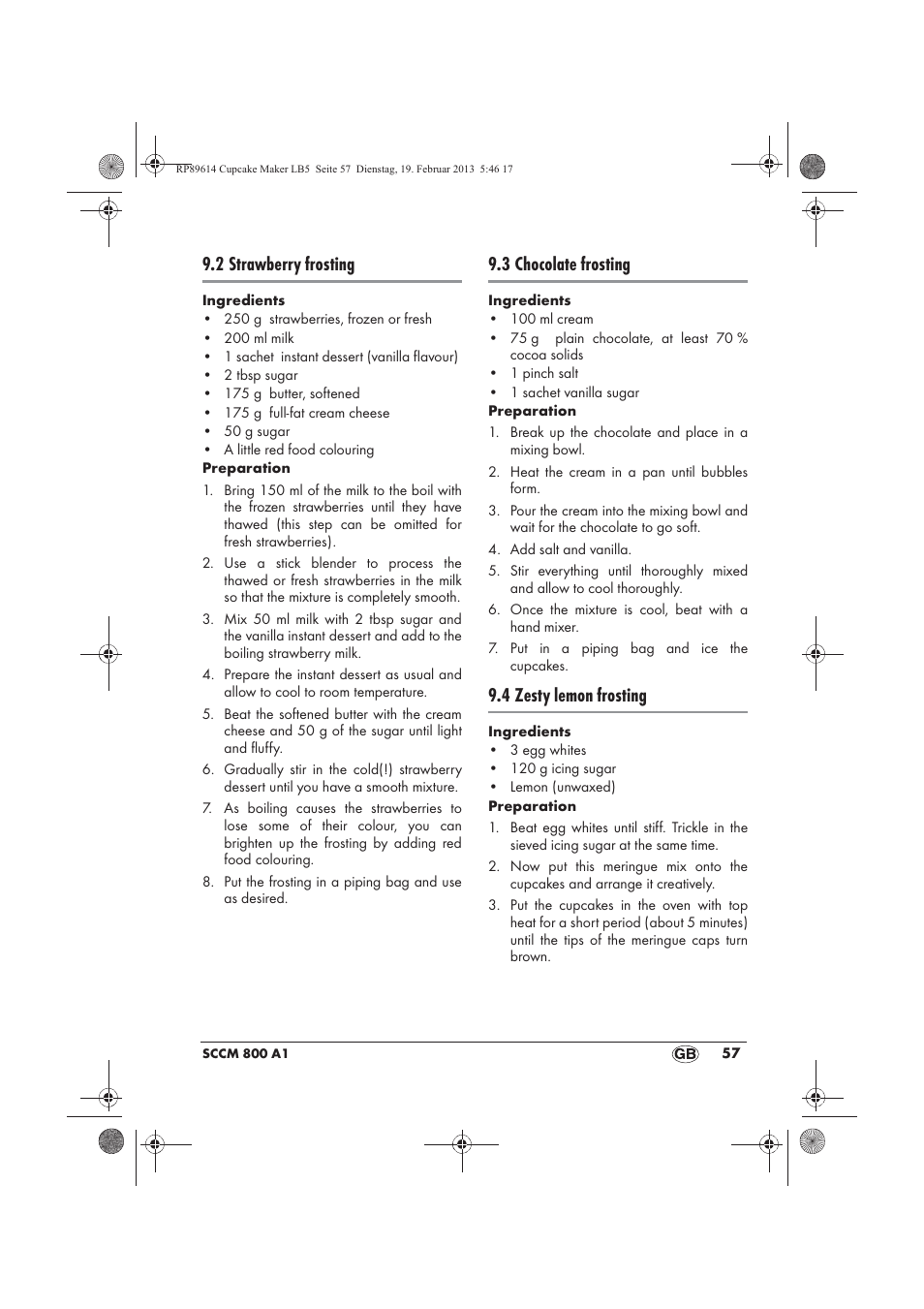 2 strawberry frosting, 3 chocolate frosting, 4 zesty lemon frosting | Silvercrest SCCM 800 A1 User Manual | Page 59 / 78