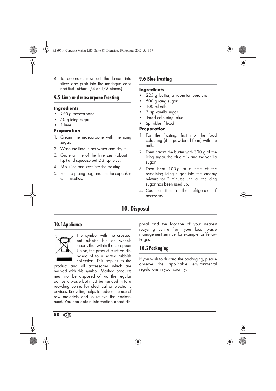 Disposal, 5 lime and mascarpone frosting, 6 blue frosting | 1appliance, 2packaging | Silvercrest SCCM 800 A1 User Manual | Page 60 / 78