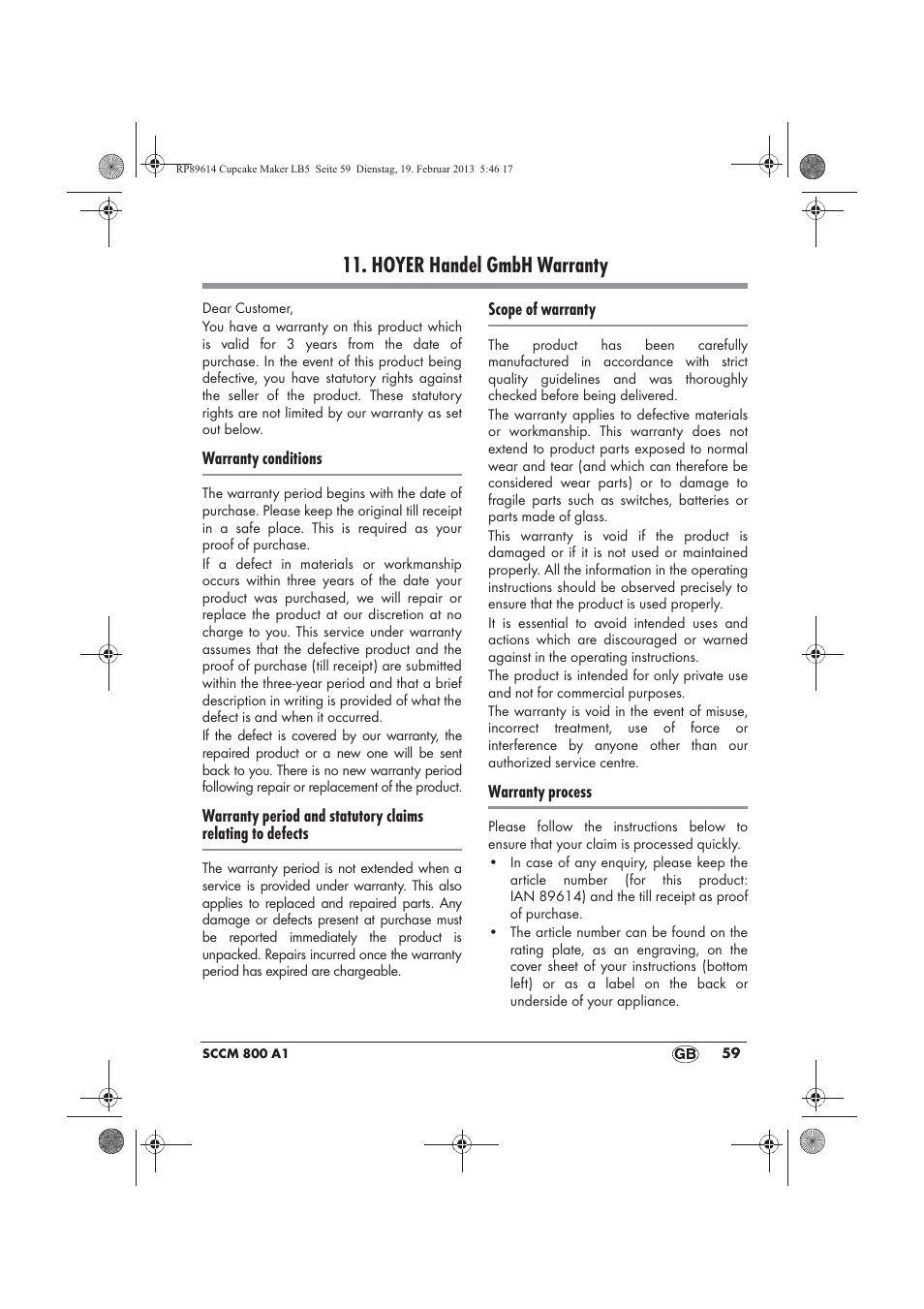 Hoyer handel gmbh warranty | Silvercrest SCCM 800 A1 User Manual | Page 61 / 78