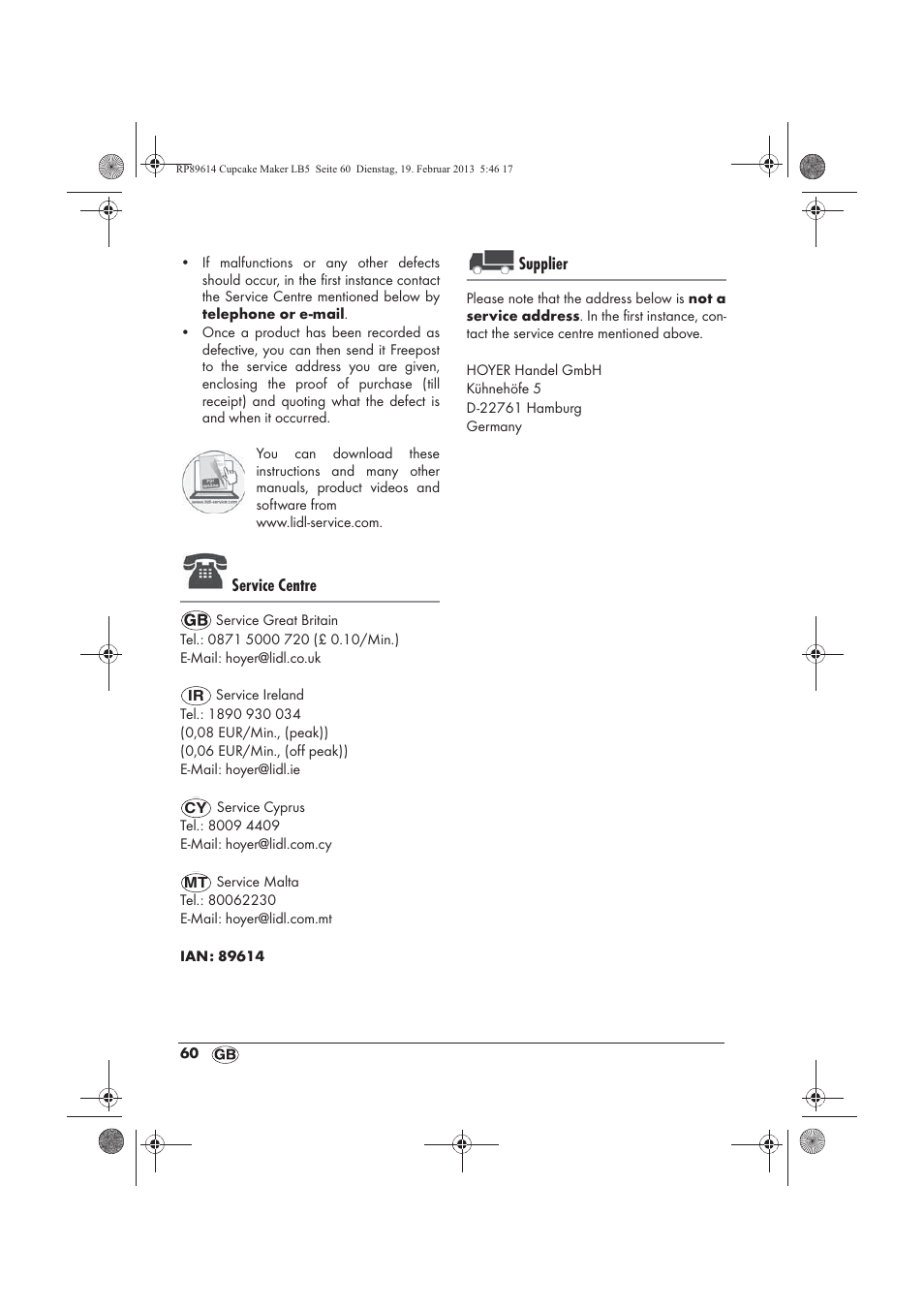 Service centre, Supplier | Silvercrest SCCM 800 A1 User Manual | Page 62 / 78