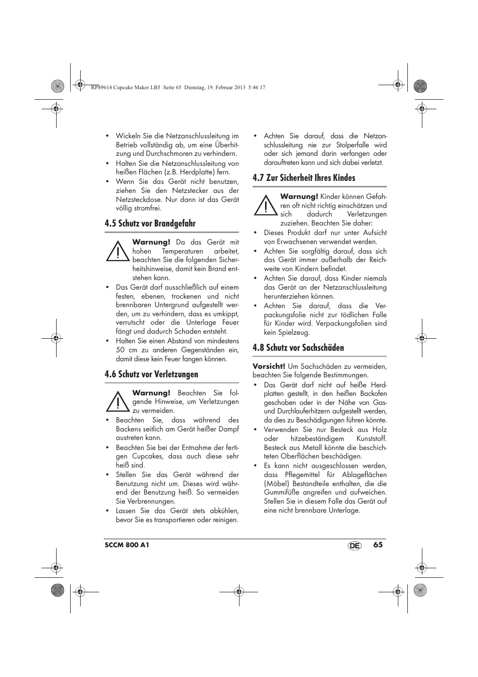 5 schutz vor brandgefahr, 6 schutz vor verletzungen, 7 zur sicherheit ihres kindes | 8 schutz vor sachschäden | Silvercrest SCCM 800 A1 User Manual | Page 67 / 78