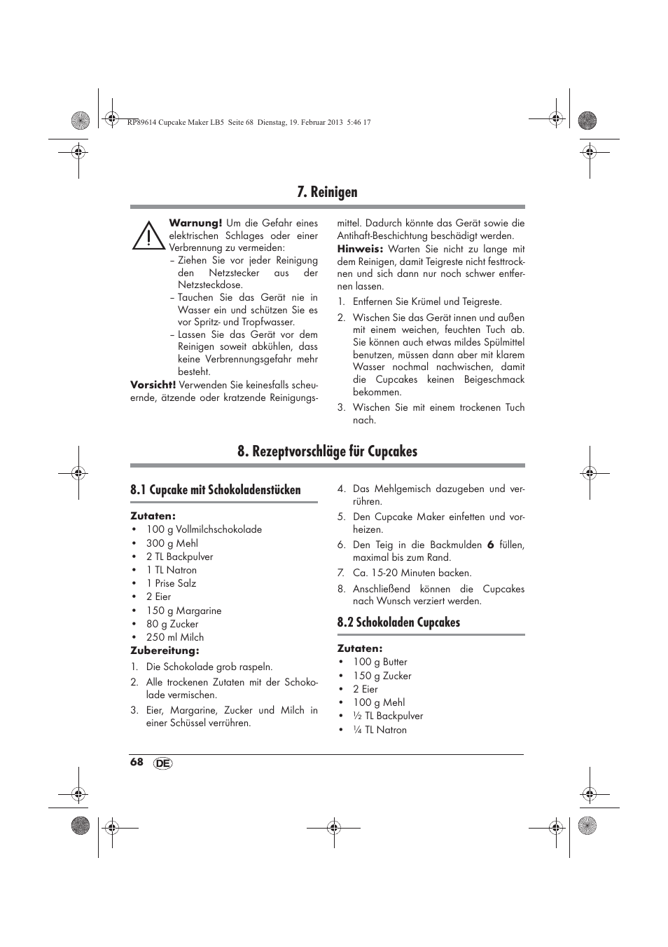 Reinigen, Rezeptvorschläge für cupcakes, 1 cupcake mit schokoladenstücken | 2 schokoladen cupcakes | Silvercrest SCCM 800 A1 User Manual | Page 70 / 78