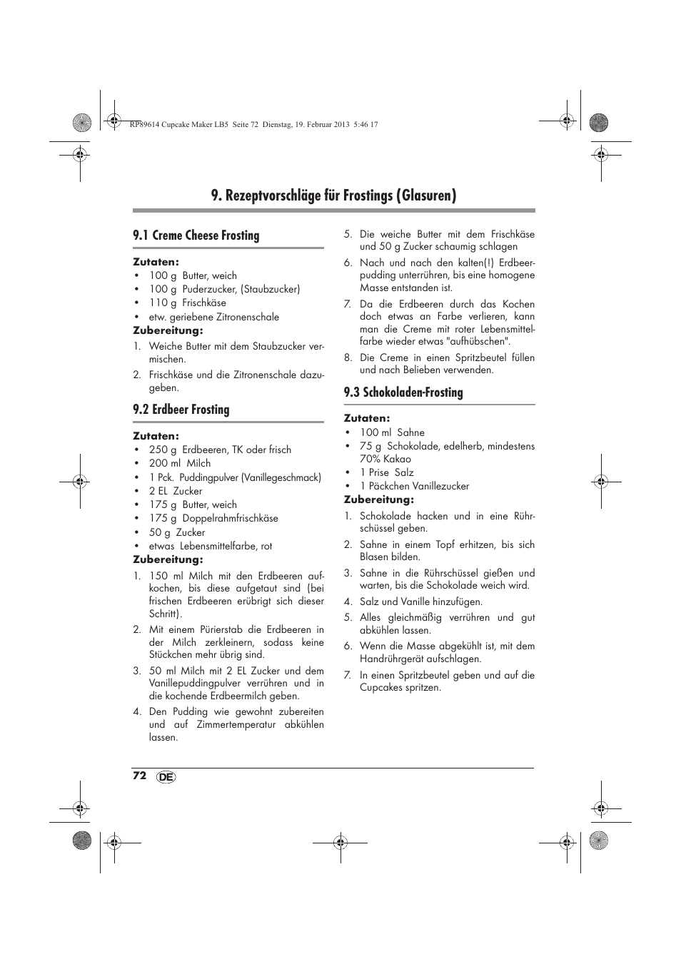 Rezeptvorschläge für frostings (glasuren), 1 creme cheese frosting, 2 erdbeer frosting | 3 schokoladen-frosting | Silvercrest SCCM 800 A1 User Manual | Page 74 / 78