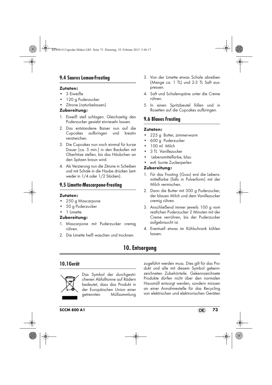 Entsorgung, 4 saures lemon-frosting, 5 limette-mascarpone-frosting | 6 blaues frosting, 1gerät | Silvercrest SCCM 800 A1 User Manual | Page 75 / 78