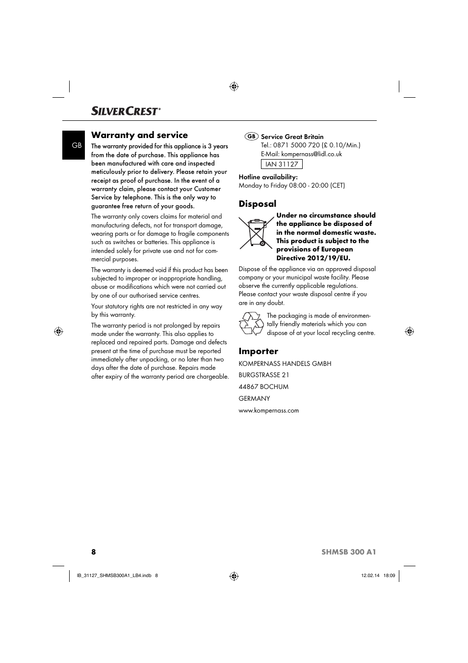 Warranty and service, Disposal, Importer | Silvercrest SHMSB 300 A1 User Manual | Page 11 / 60
