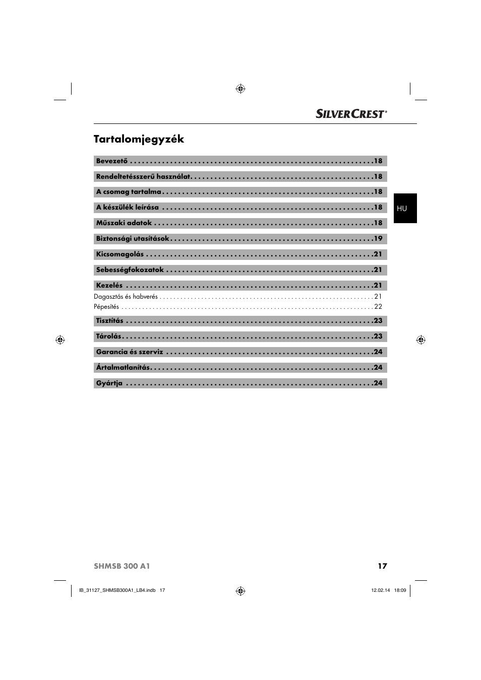 Tartalomjegyzék | Silvercrest SHMSB 300 A1 User Manual | Page 20 / 60