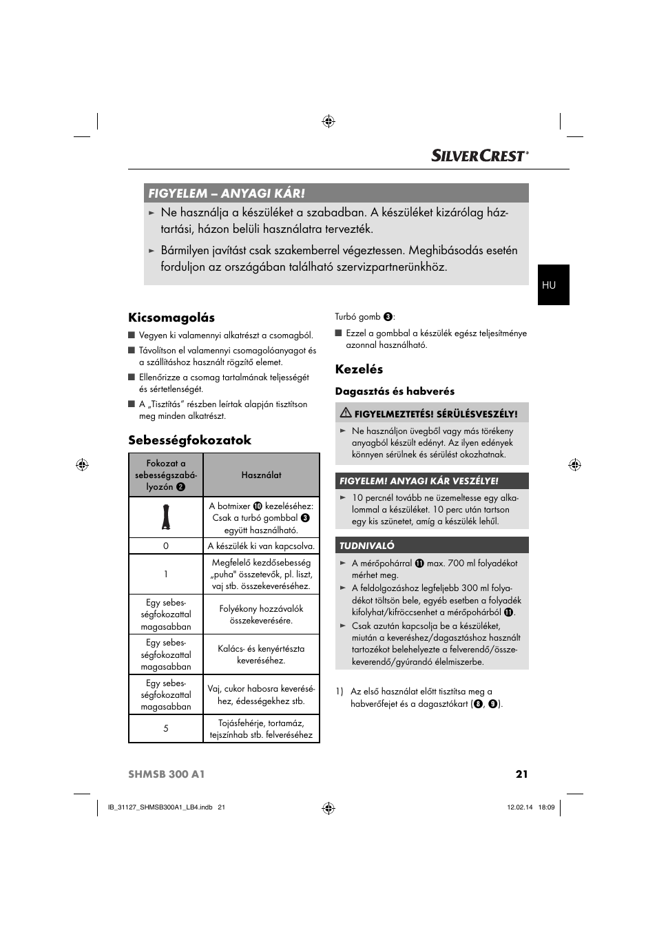 Figyelem, Anyagi kár, Sebességfokozatok | Kezelés | Silvercrest SHMSB 300 A1 User Manual | Page 24 / 60