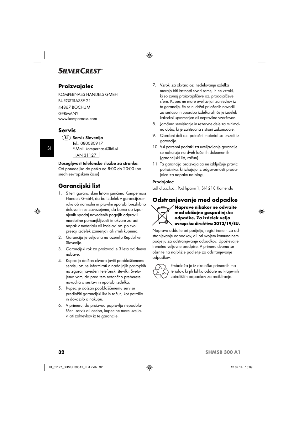 Proizvajalec, Servis, Garancijski list | Odstranjevanje med odpadke | Silvercrest SHMSB 300 A1 User Manual | Page 35 / 60