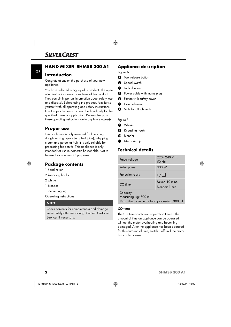 Hand mixer shmsb 300 a1 introduction, Proper use, Package contents | Appliance description, Technical details | Silvercrest SHMSB 300 A1 User Manual | Page 5 / 60