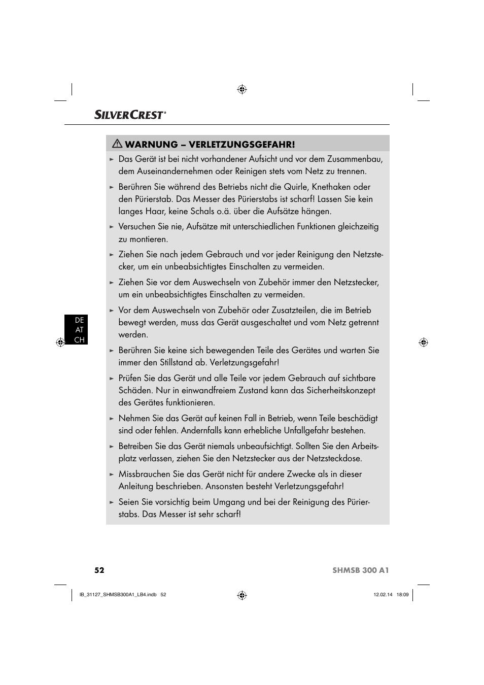 Warnung – verletzungsgefahr | Silvercrest SHMSB 300 A1 User Manual | Page 55 / 60