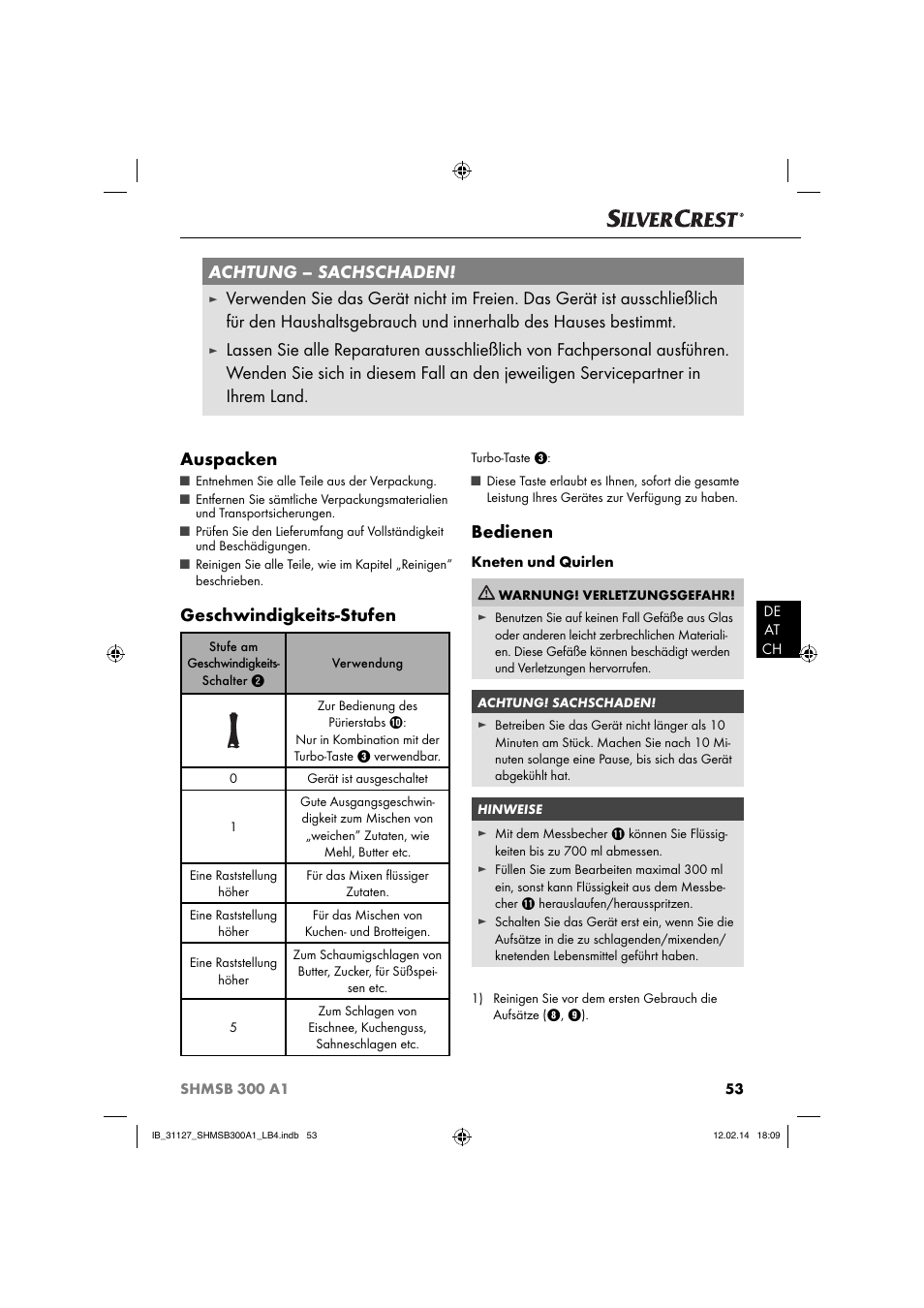 Achtung – sachschaden, Geschwindigkeits-stufen, Bedienen | Silvercrest SHMSB 300 A1 User Manual | Page 56 / 60