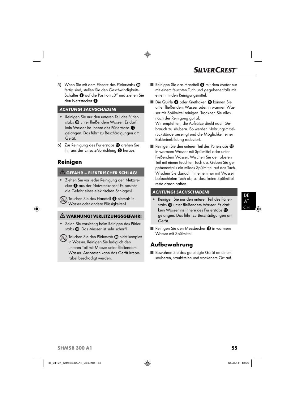 Reinigen, Aufbewahrung | Silvercrest SHMSB 300 A1 User Manual | Page 58 / 60