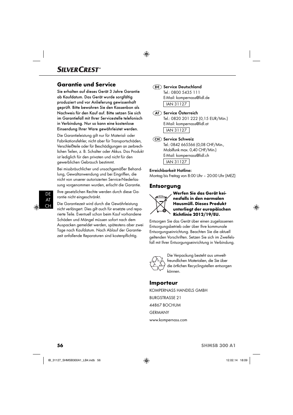 Garantie und service, Entsorgung, Importeur | Silvercrest SHMSB 300 A1 User Manual | Page 59 / 60