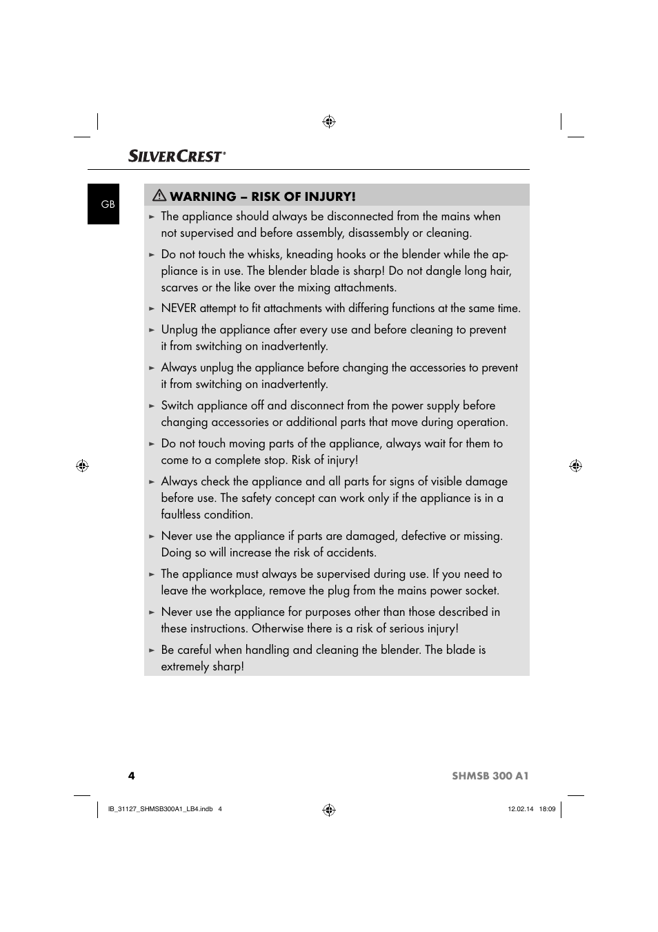 Warning – risk of injury | Silvercrest SHMSB 300 A1 User Manual | Page 7 / 60