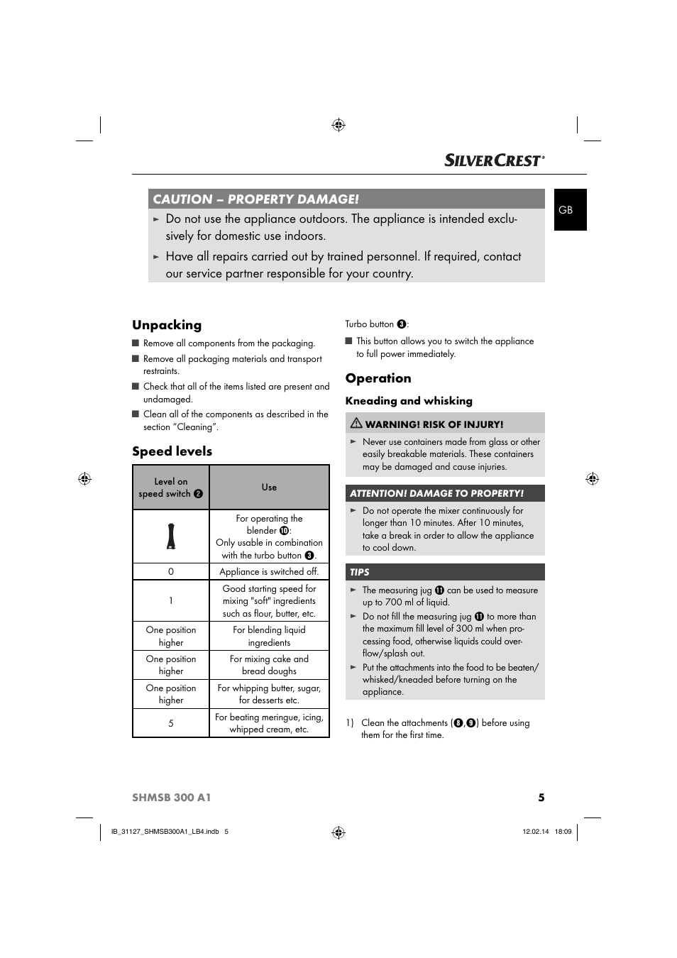 Caution – property damage, Speed levels, Operation | Silvercrest SHMSB 300 A1 User Manual | Page 8 / 60