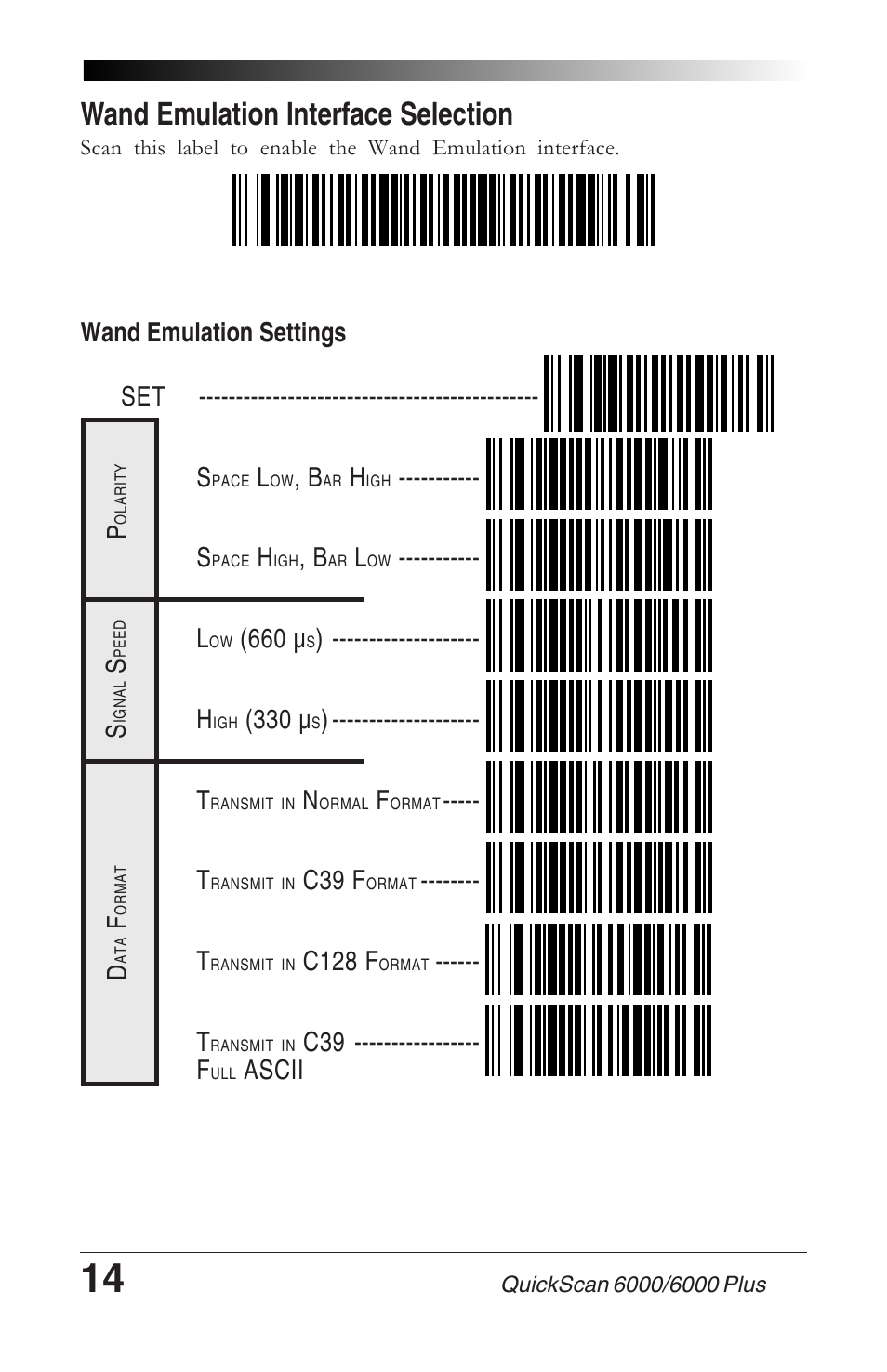 Wand emulation interface selection, 660 µ, 330 µ | C39 f, C128 f, C39 ----------------- p, Ascii | Datalogic Scanning 6000 User Manual | Page 18 / 104