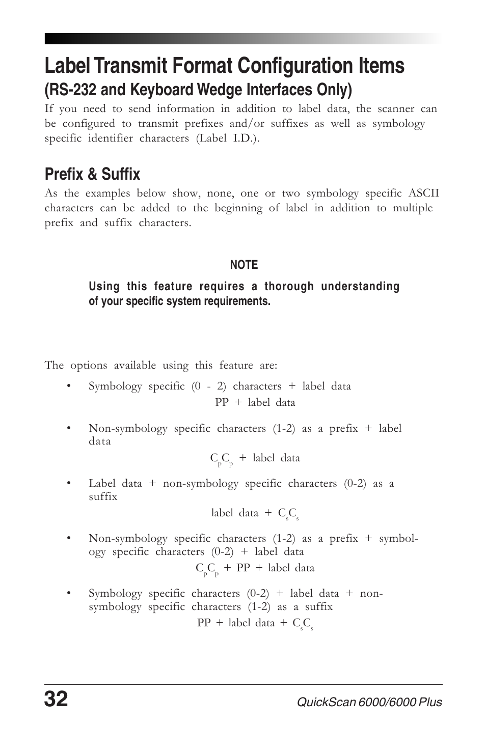 Label transmit format configuration items, Rs-232 and keyboard wedge interfaces only), Prefix & suffix | Datalogic Scanning 6000 User Manual | Page 36 / 104