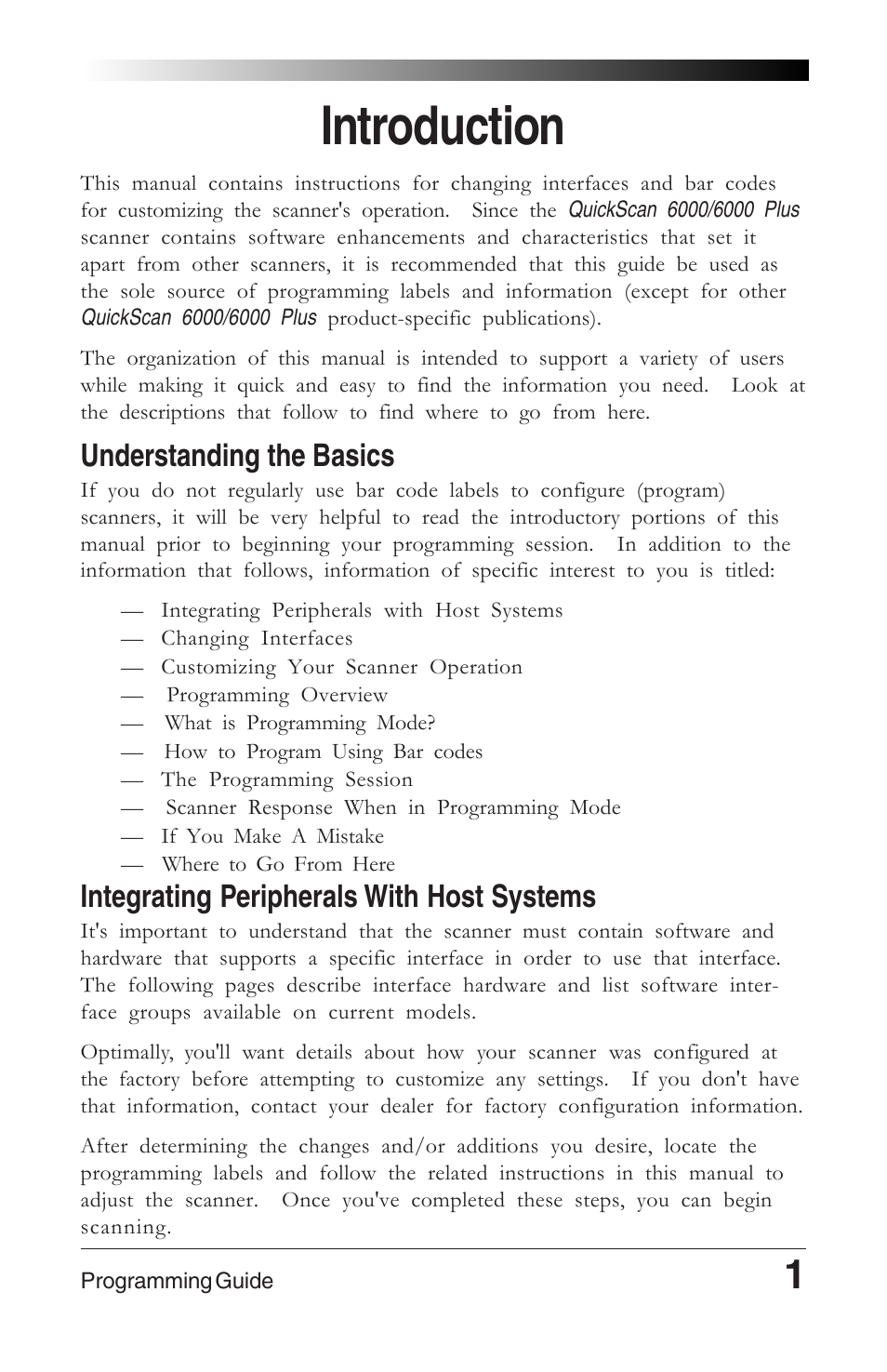 Introduction, Understanding the basics, Integrating peripherals with host systems | Datalogic Scanning 6000 User Manual | Page 5 / 104