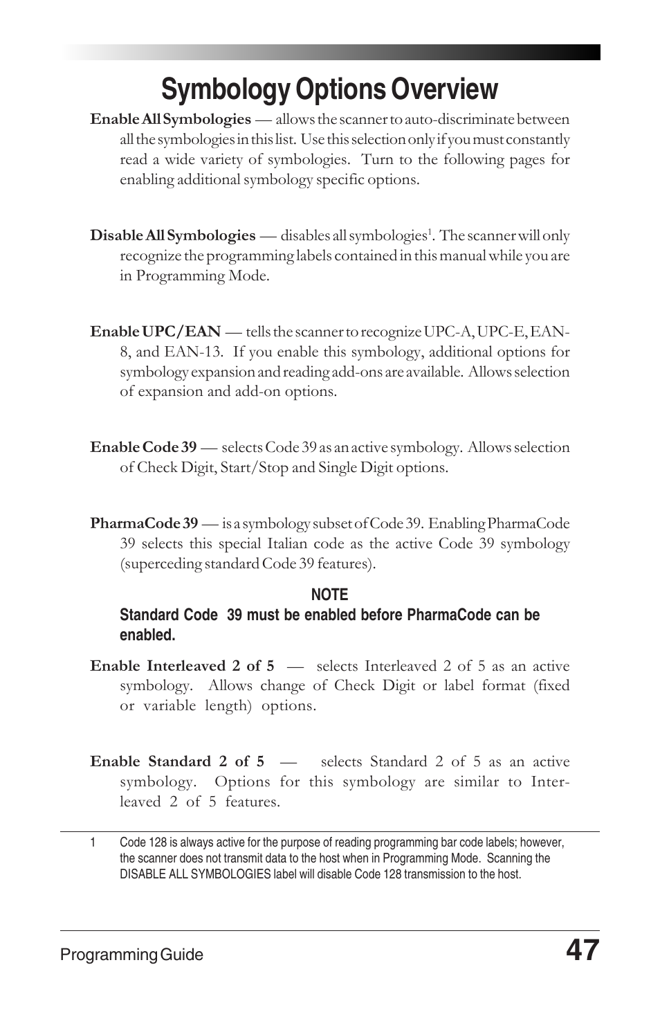 Symbology options overview, 47 symbology options overview | Datalogic Scanning 6000 User Manual | Page 51 / 104