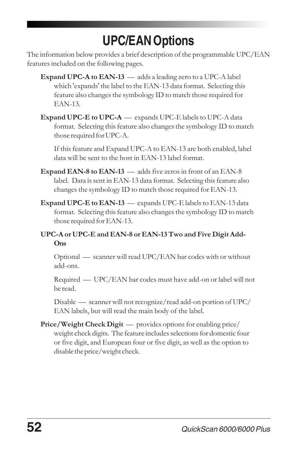 Upc/ean expansion, Upc/ean options | Datalogic Scanning 6000 User Manual | Page 56 / 104