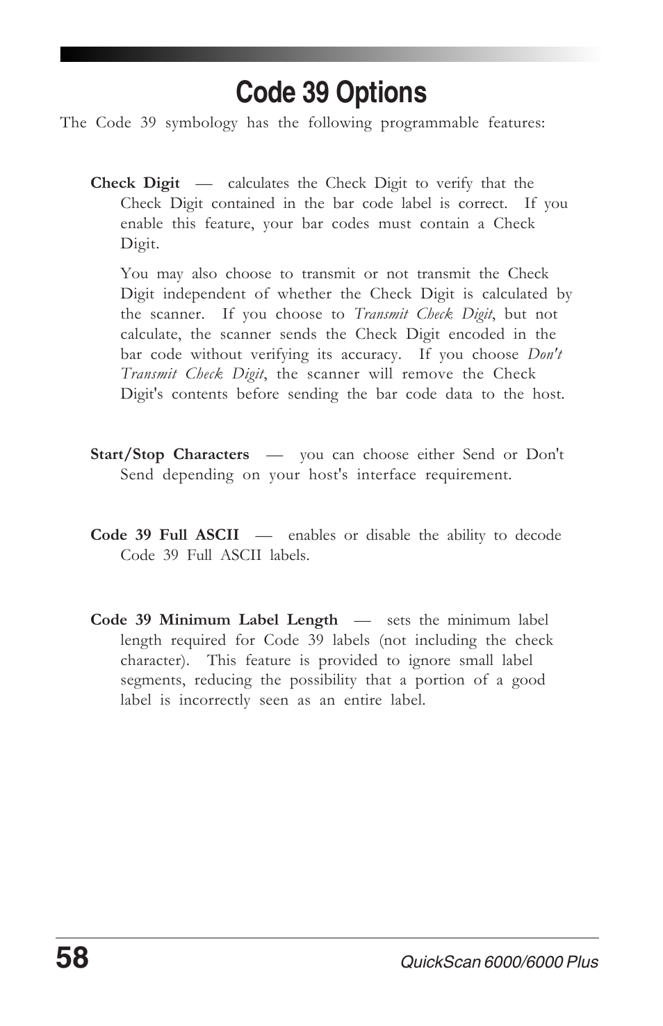 Code 39 options | Datalogic Scanning 6000 User Manual | Page 62 / 104