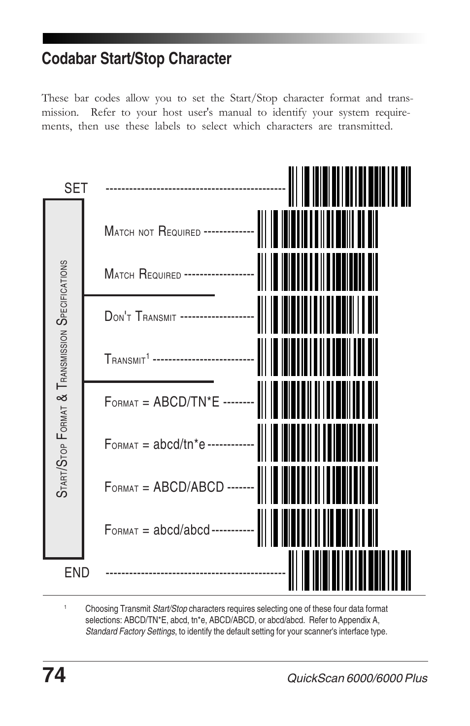 Codabar start/stop character, Abcd/tn*e -------- f, Abcd/tn*e ------------ f | Abcd/abcd ------- f | Datalogic Scanning 6000 User Manual | Page 78 / 104