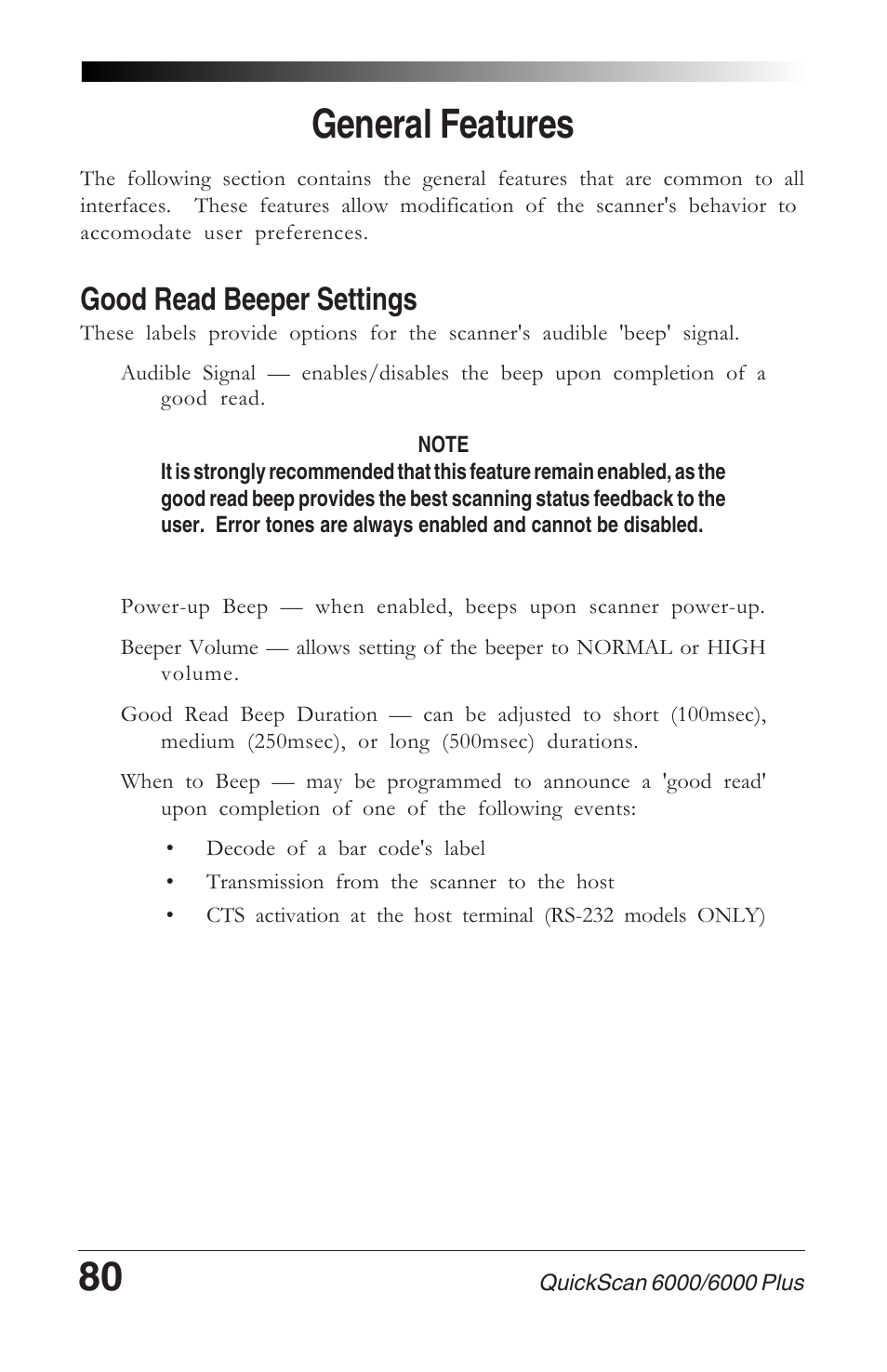 General features, Good read beeper settings | Datalogic Scanning 6000 User Manual | Page 84 / 104