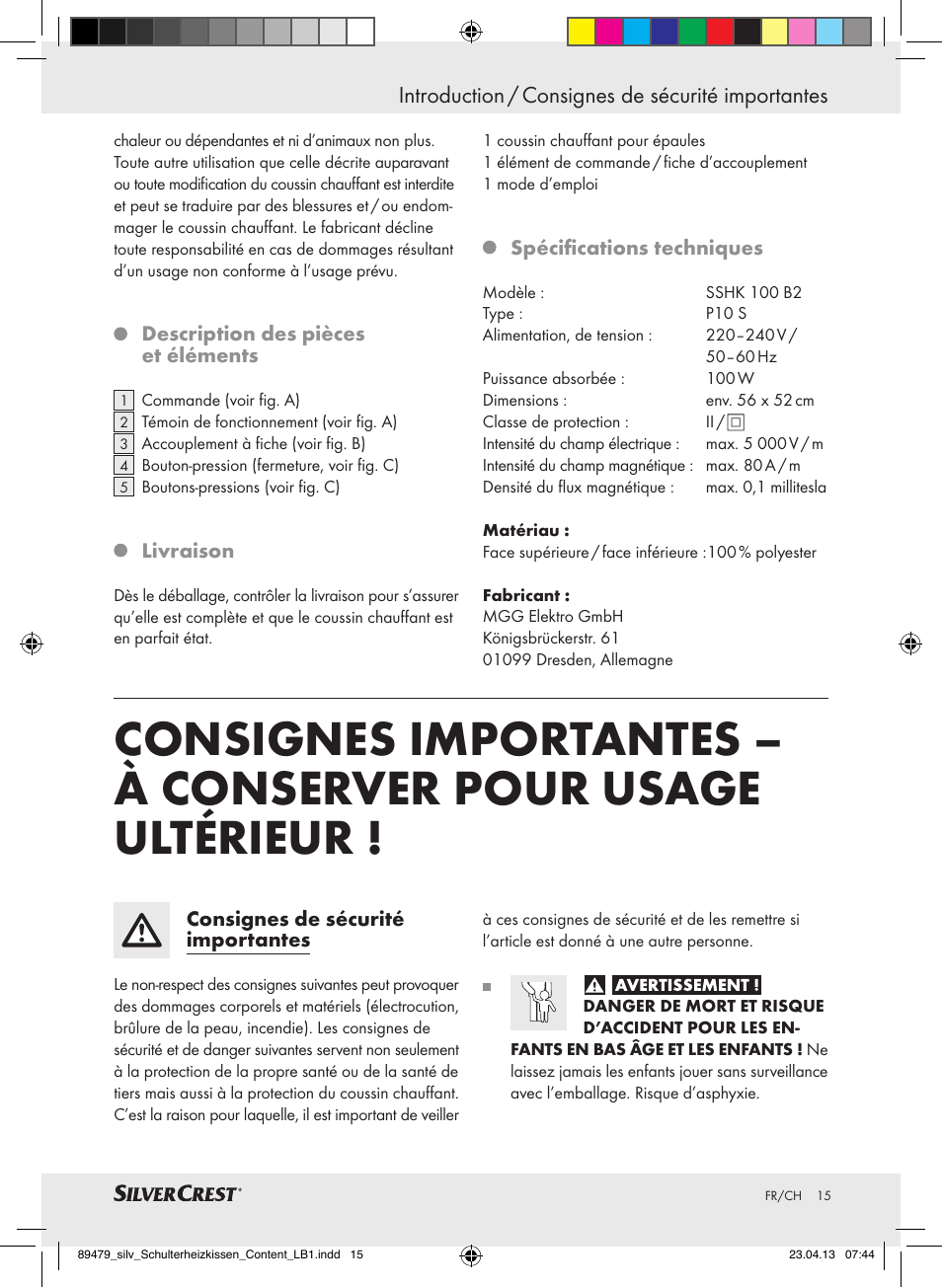 Introduction / consignes de sécurité importantes | Silvercrest SSHK 100 B2 User Manual | Page 15 / 45