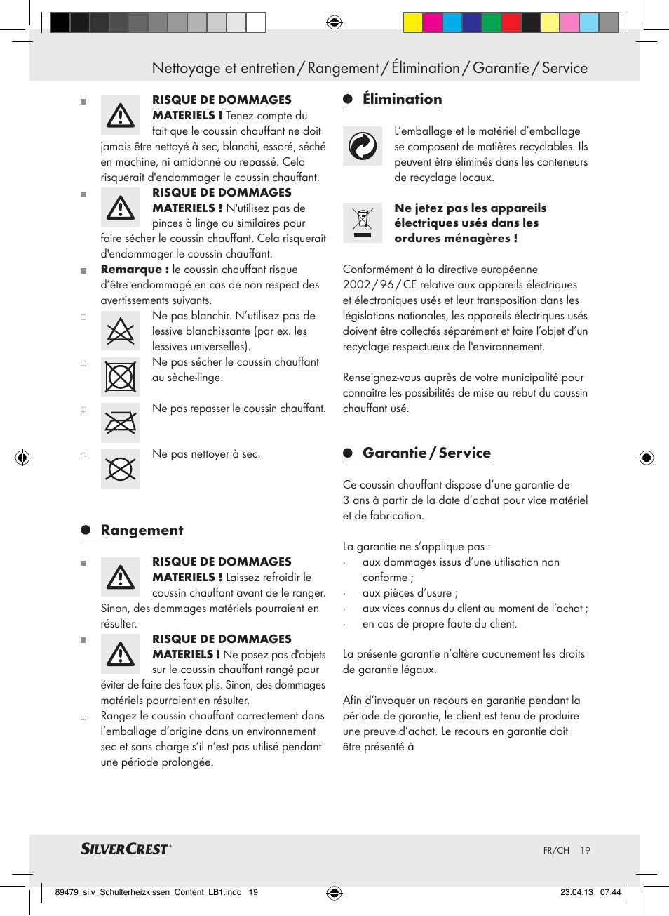 Rangement, Élimination, Garantie / service | Silvercrest SSHK 100 B2 User Manual | Page 19 / 45