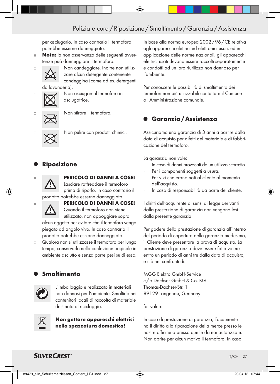 Riposizione, Smaltimento, Garanzia / assistenza | Silvercrest SSHK 100 B2 User Manual | Page 27 / 45