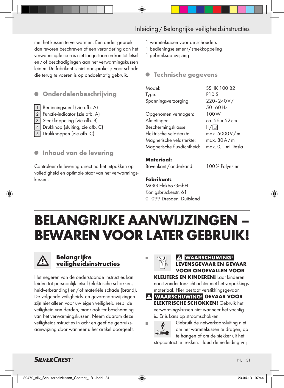 Inleiding / belangrijke veiligheidsinstructies | Silvercrest SSHK 100 B2 User Manual | Page 31 / 45